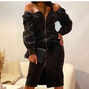 Future Collective black denim puff sleeve midi Dress Sz 6 S